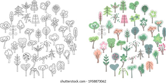 Black and white and colored circle  with decorative trees. Illustration can be used for coloring book and pictures for children.