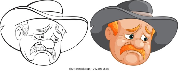 Black and white and colored cowboy illustrations side by side.