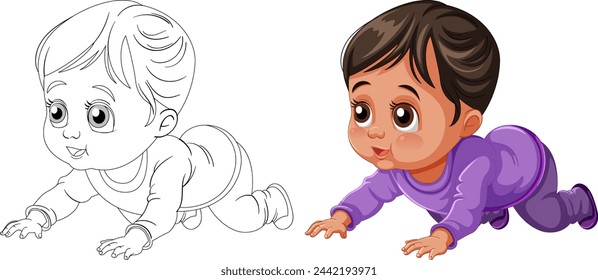 Black and white and colored crawling baby illustrations.