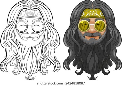 "Personaje hippie blanco y negro y de color con gafas"