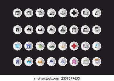 black white and colored icon set. Contains a collection of vector icons that can be edited