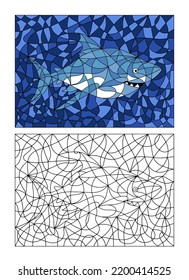 Black and White and Colored Illustration in Stained Glass Style with Abstract Shark Fish. Image for Coloring Book, Coloring Page, Print, Batik and Window.