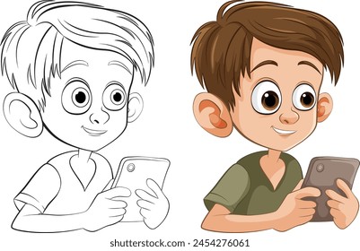 Black and white and colored illustrations of a boy with a tablet.