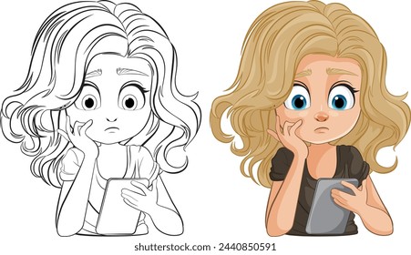 Black and white and colored illustrations of a concerned girl