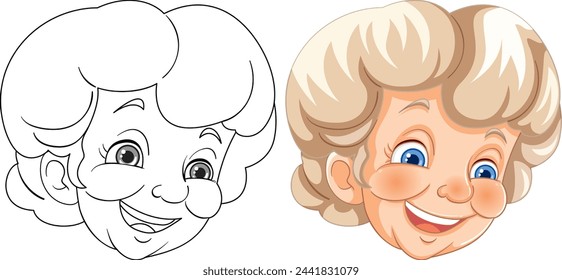 Black and white and colored illustrations of a happy elderly woman.