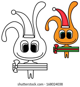 Black and white and colored outlined illustration of Christmas character. Vector.