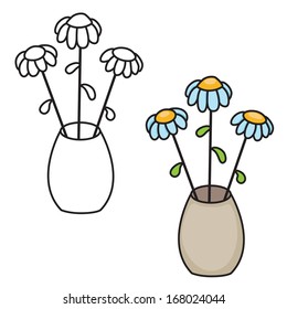 Black and white and colored outlined illustration of flowers. Vector.