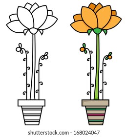 Black and white and colored outlined illustration of flowers in pot. Vector.