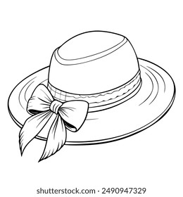Black and white colored pencil drawing of a huge straw hat with a ribbon that is flat and linear