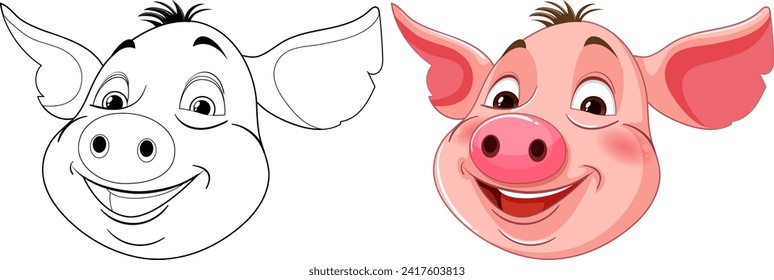Black and white and colored pig illustrations side by side.