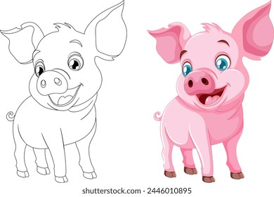 Black and white and colored pig illustrations