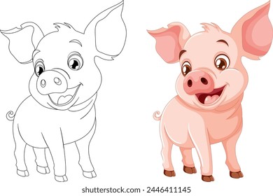 Black and white and colored piglet vector illustrations.