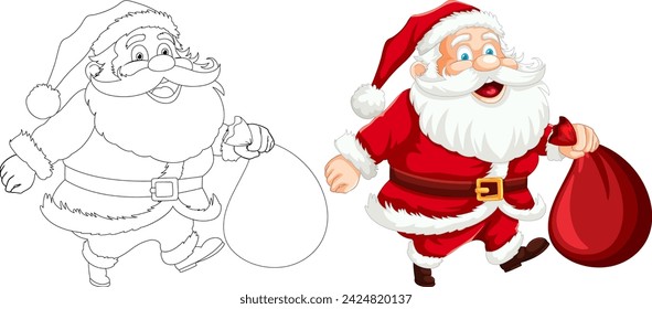 Black and white and colored Santa illustrations.