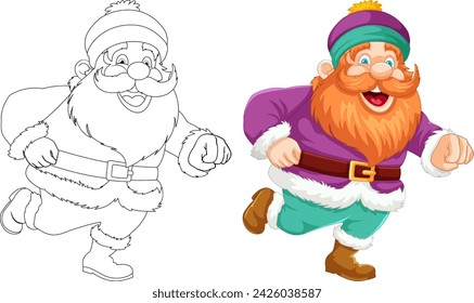 Black and white and colored Santa illustrations side by side.
