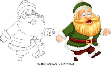 Ilustraciones de Santa en blanco y negro y de colores lado a lado.