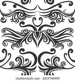 Patrón transparente de color negro y blanco de elementos ornamentales de estilo boho. Fondo trendy de símbolo étnico tribal dibujado a mano para el diseño de plantillas de tatuajes. Ilustración del vector