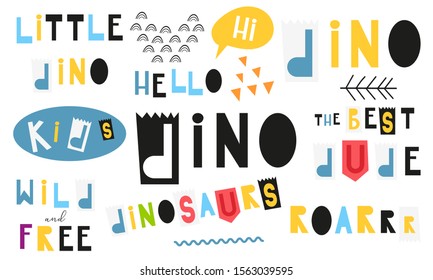Black and white and colored set of hand drawn dino quotes, phrases and words. Graphic design for t-shirt, posters, greeting cards. Vector illustration. Dinosaurs theme.