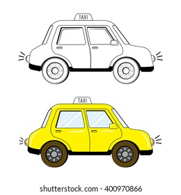 Black and white and colored variants of cute cartoon style taxi drawing isolated on white background. Vector illustration