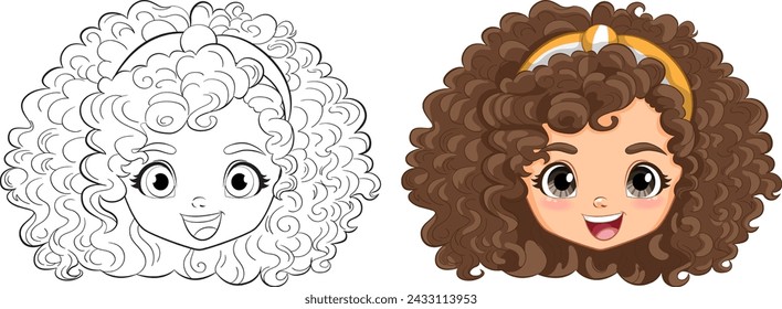 Black and white and colored versions of a cartoon girl