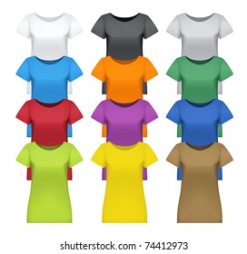 Black, white and colored women t-shirts. Photo-realistic vector illustration.