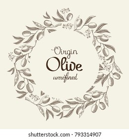 Black and white colored wreath with olive berries, beautiful stem and luxury blossom hand drawn doodle vector illustration
