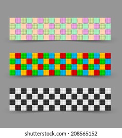Black and white and colorful chessboard banners on grey background