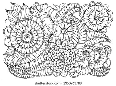 Black and white colorin page for colouring book. Leafs and flowers  in monocrome colors. Doodles vector pattern