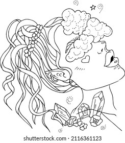 Black and white coloring antistress girl on a white background. Abstract minimal woman portrait. Logo, icon, label.
