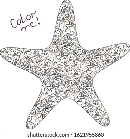 Black and white coloring, anti-stress starfish. Summer coloring for adults and children with lines inside. Vector image