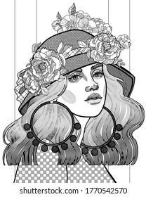 black and white coloring beautiful girl in a fashionable panama hat with peonies