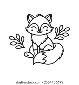 Black And White Coloring Book With Bold Lines, Cute Animal Fox