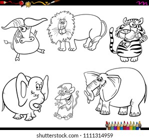 Black and White Coloring Book Cartoon Illustration of Wild Animal Characters Set
