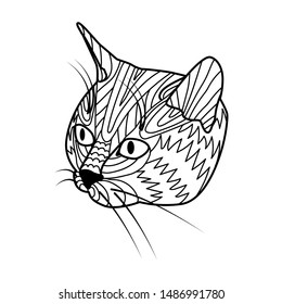 black and white coloring book. cat head in a geometric pattern.
