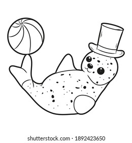 Black and white coloring book for children. Vector illustration. Fur seal shows performance