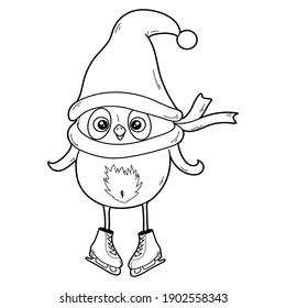 Black and white coloring book for children. Vector illustration. Winter owl ice skating