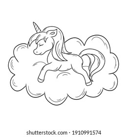 Black and white coloring book for children. Vector illustration. Unicorn on a cloud