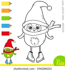 Black and white coloring book for children. Vector illustration. Bird in a hat