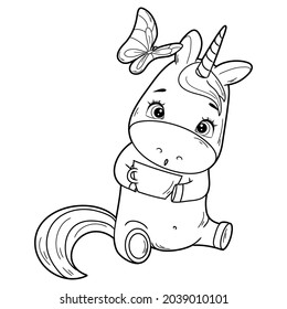 Black and white coloring book for children. Vector illustration. Unicorn and Butterfly