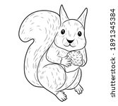 Black and white coloring book design for children. Vector illustration. Squirrel holding a nut