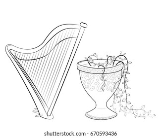 Black and white coloring book with the harp and stone vase. Vector illustration of a stringed musical instrument and rock vaze.