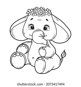 Black and white coloring book for kids. Vector illustration. Baby elephant and a wreath of flowers