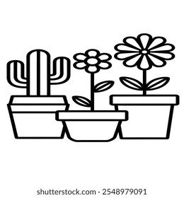 A black and white coloring book line art of pot plants flowers and trees 