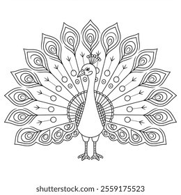 A black and white coloring book line art of a peacock 