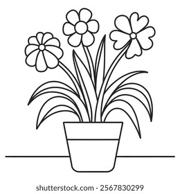 A black and white coloring book line art of a pot plant with flowers