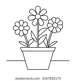 A black and white coloring book line art of a pot plant with flowers