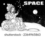 Black And White Coloring Book Page For Adult. Ppace Girl astronaut on the moon. The girl is sitting and looking at the phone.