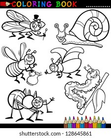 Black and White Coloring Book or Page Cartoon Illustration Set of Funny Insects and Bugs for Children