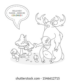Black and white coloring book page. Cartoon character of a funny cute moose with big horns and fly agaric. Card from a set for the development of children. Vector illustration