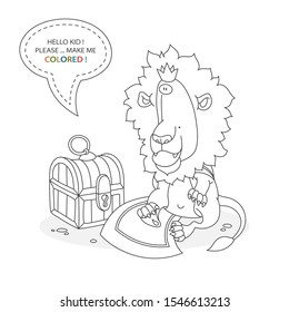 Black and white coloring book page. Cartoon character of a funny cute llion in crown and cape and treasure chest. Card from a set for the development of children. Vector illustration