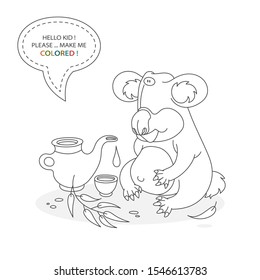 Black and white coloring book page. Cartoon character of a funny cute koala si teapot with eucalyptus tea. Card from a set for the development of children. Vector illustration